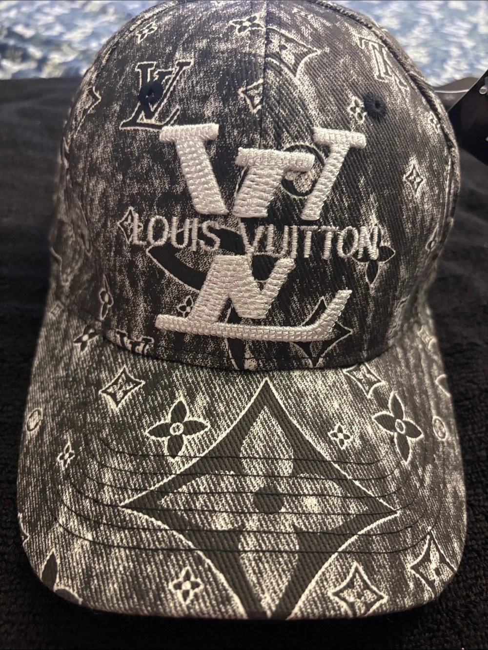 Black & White Monogram Denim-Style Logo Cap please read 👇